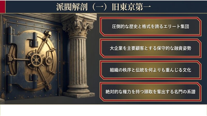重厚な金庫の扉と柱を背景に、組織の秩序と伝統を重んじる旧東京第一の保守的な文化を解説した図