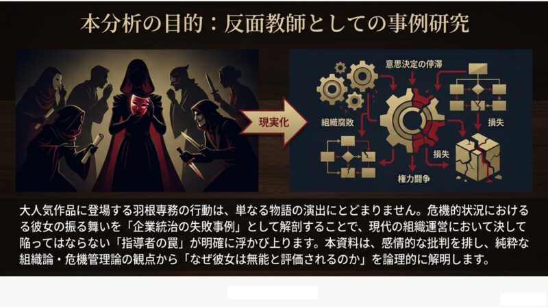 組織腐敗や意思決定の停滞が連鎖し、巨額の損失や権力闘争へと繋がるメカニズムの図解