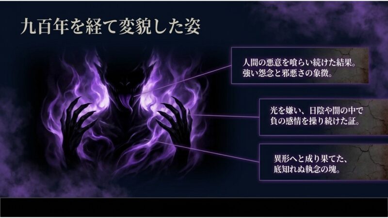 人間の悪意を喰らい続けた結果、負の感情を操る象徴として変貌した邪悪な姿の説明