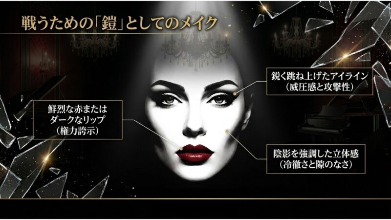 権力誇示のダークなリップ、威圧感のある跳ね上げアイラインなど、チョン・ソジンが戦うための鎧として施したメイク