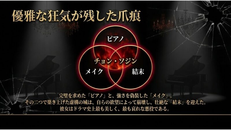完璧を求めたピアノと強さを偽装したメイクで築き上げた虚構の城が崩壊し、壮絶な結末を迎えたドラマ史上最も美しく哀れな悪役チョン・ソジン