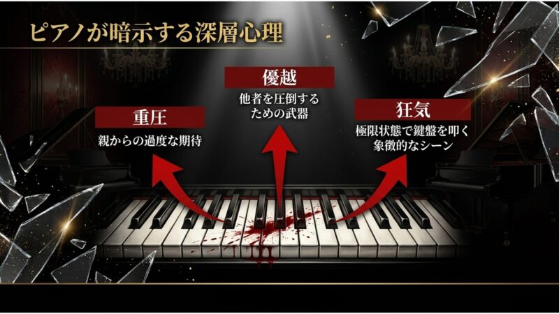 親からの過度な重圧と他者を圧倒する優越感、極限状態で鍵盤を叩く狂気が暗示されたチョン・ソジンのピアノシーン
