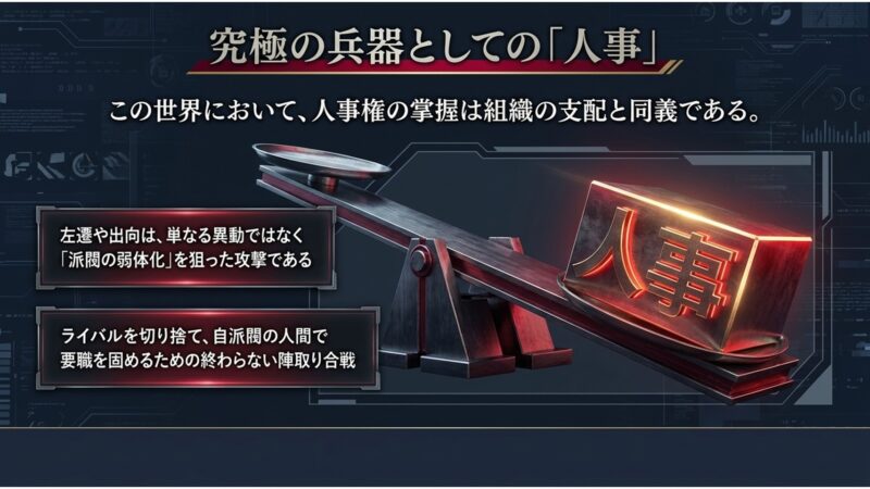 人事という重りが乗ったシーソーの図解。左遷や出向が派閥の弱体化を狙った攻撃であることを示している
