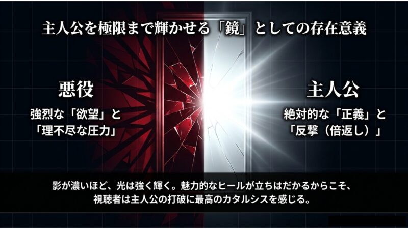 主人公を極限まで輝かせる鏡としての存在意義。悪役の欲望や圧力と、主人公の正義や反撃の対比