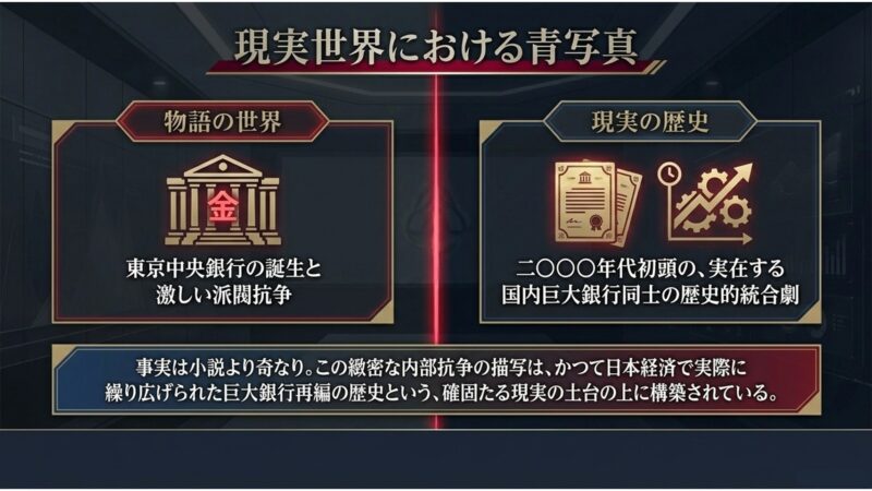 物語の緻密な内部抗争が、現実の日本経済で実際に繰り広げられた銀行再編の歴史を土台にしていることを示すスライド