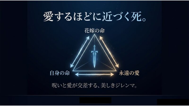 花嫁の命、自身の命、永遠の愛が交差する美しきジレンマと胸に刺さる剣を表す図