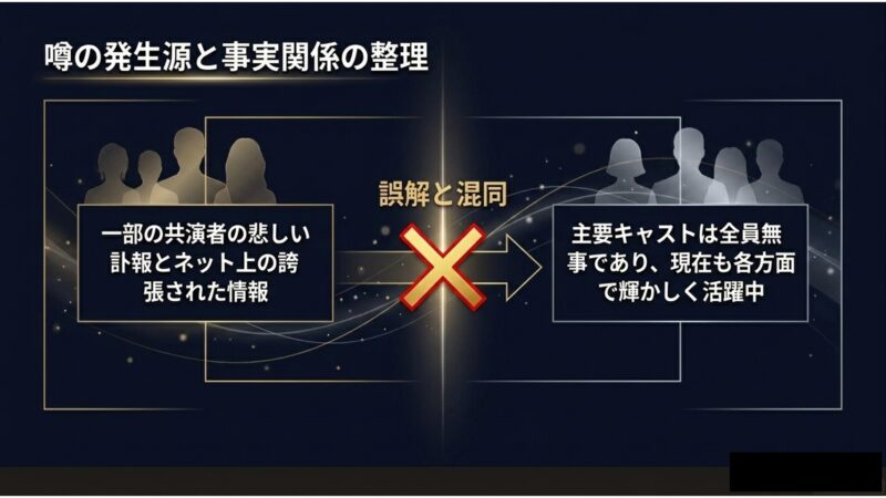 一部の共演者の悲しい訃報とネット上の誇張された情報による誤解と混同を示す図解。主要キャストは全員無事であり現在も活躍中。
