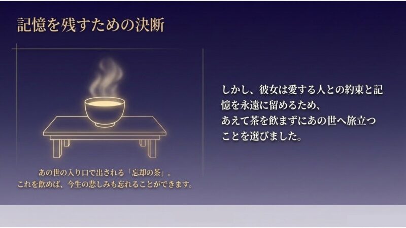死神の茶室で机の上に置かれた、湯気が立つ忘却の茶のイラスト