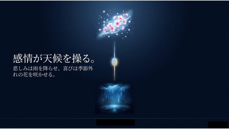 悲しみは雨を降らせ、喜びは季節外れの花を咲かせるトッケビの能力を表すイラスト