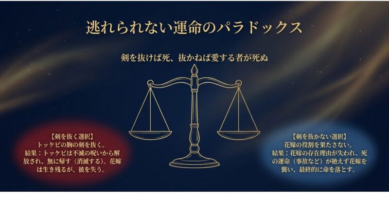 剣を抜く選択と抜かない選択がもたらす逃れられない運命のパラドックスを図解したスライド