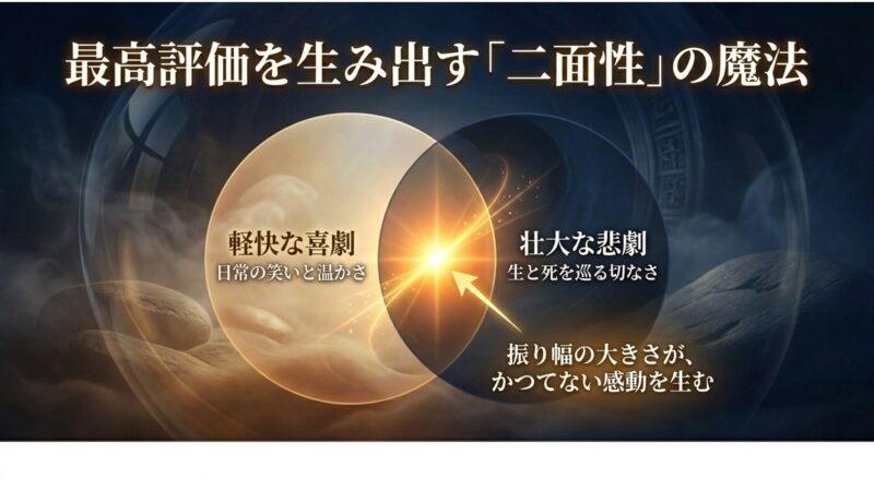 日常の笑いである軽快な喜劇と、生と死を巡る壮大な悲劇という二面性の振り幅がかつてない感動を生む構造