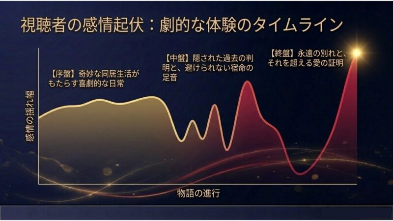喜劇的な日常から宿命の判明、永遠の別れへと続くトッケビ視聴中の感情体験の推移を表したグラフ