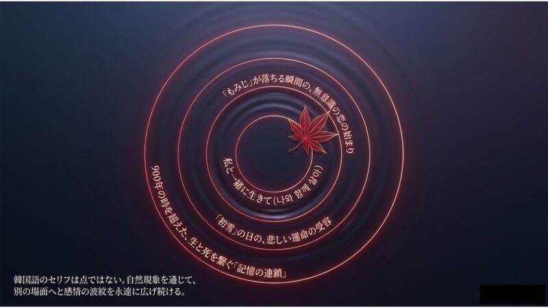 もみじや初雪などの自然現象を通じて、900年の時を超えた生と死を繋ぐ「記憶の連鎖」を解説したスライド