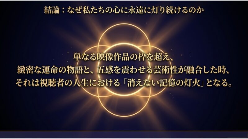 緻密な運命の物語と芸術性が融合し、視聴者の人生の記憶に残る作品となる理由をまとめた結論スライド