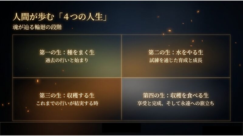 種をまく、水をやる、収穫する、収穫を食べるという人生の4段階のサイクルを示す表