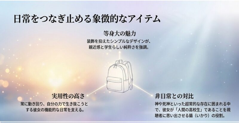 ヒロインが愛用するリュックサックのイラストと、それが日常をつなぎ止める象徴的なアイテムであることを解説するスライド