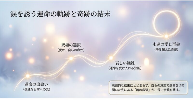 涙を誘う運命の軌跡として、究極の選択や永遠の愛と再会による魂の救済を解説するスライド