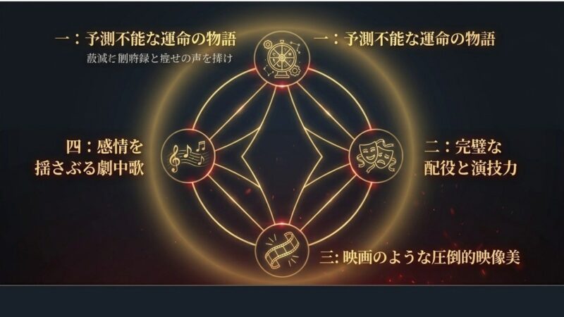 トッケビの評価を支える運命の物語、演技力、映像美、劇中歌の4要素をまとめたスライド