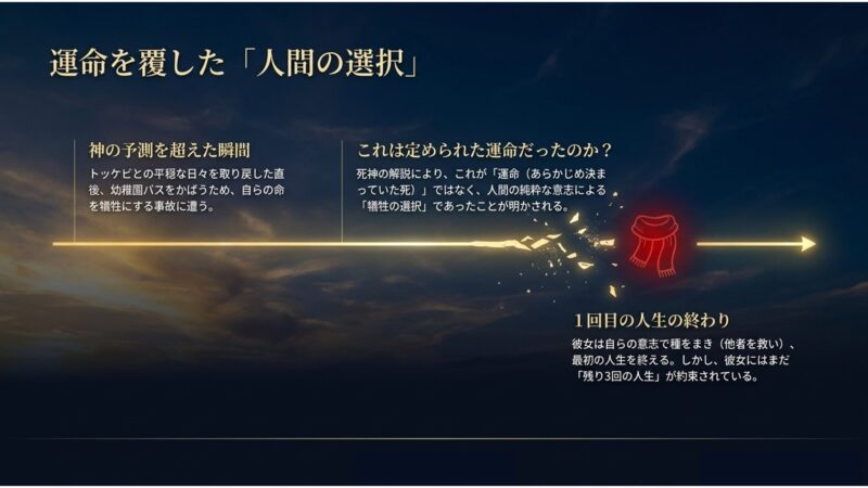 幼稚園バスをかばうウンタクの行動が定められた運命ではなく人間の純粋な犠牲の選択であったことを示すスライド