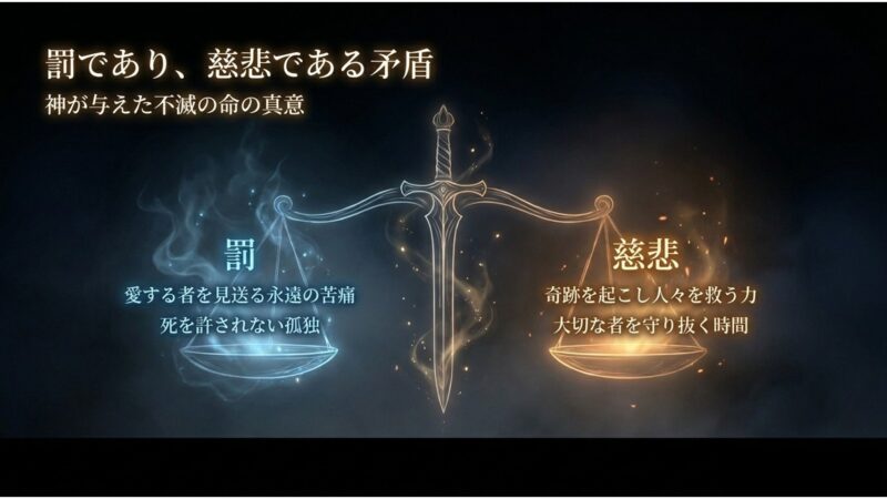 神が与えた不滅の命が、愛する者を見送る「罰」と人々を救う「慈悲」という矛盾を持つことを説明する図