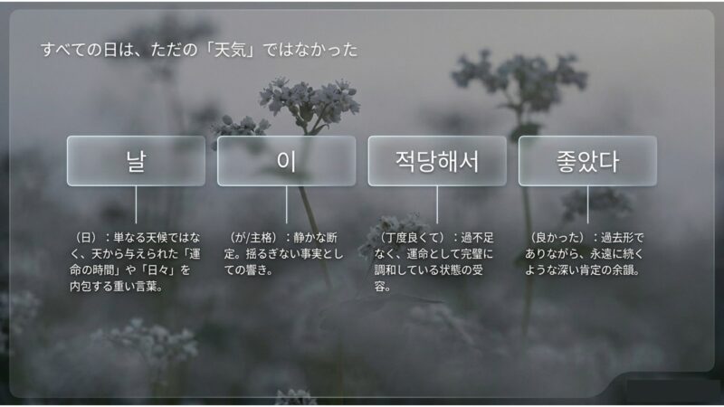 「날(日/運命の時間)」や「적당해서(完璧な調和)」など、名セリフを構成する韓国語単語の重みを解説したスライド 。