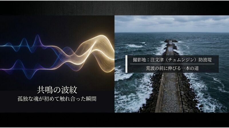 孤独な魂が初めて触れ合った瞬間として、注文津防波堤でのロケ地風景を紹介する画像