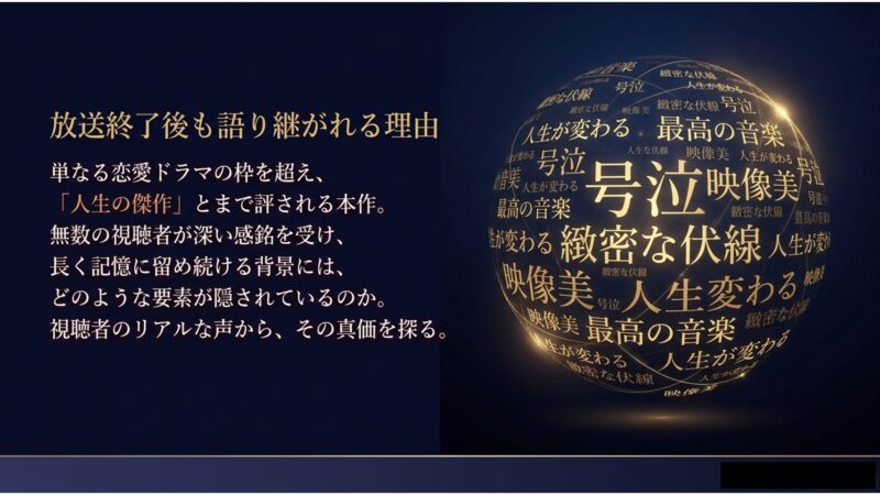 トッケビの感想で語られる緻密な伏線や映像美、最高の音楽といった作品の真価をまとめたスライド