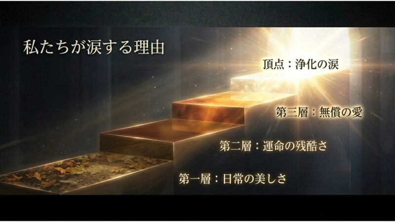 トッケビで視聴者が涙する理由を、日常の美しさから浄化の涙までの4階層で図解したスライド
