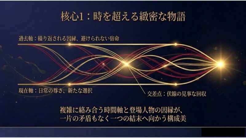 トッケビの過去軸と現在軸が交差し、伏線が見事に回収される物語の構成美を解説した構造図スライド
