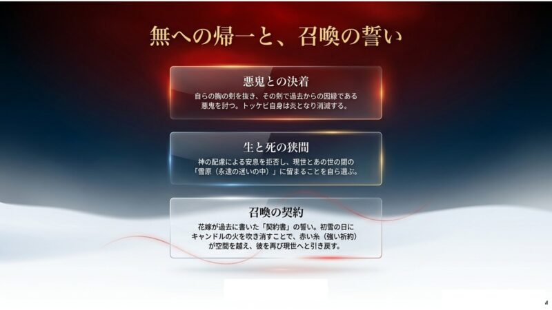 悪鬼との決着から現世への召喚の誓いまでの流れをまとめたスライド