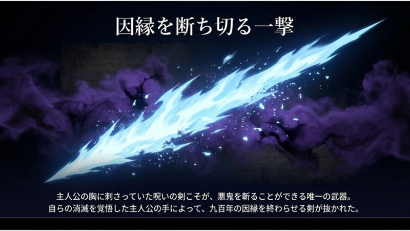 主人公の胸に刺さっていた剣こそが悪鬼を斬る唯一の武器であり、自らの消滅を覚悟で決着をつけるシーンの解説