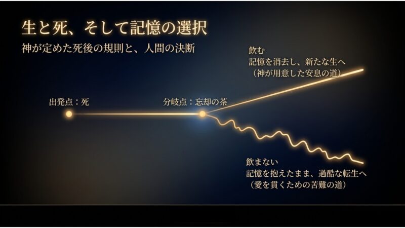 忘却の茶を飲んで記憶を消す安息の道と、飲まずに記憶を抱えて愛を貫く過酷な転生の道の分岐図