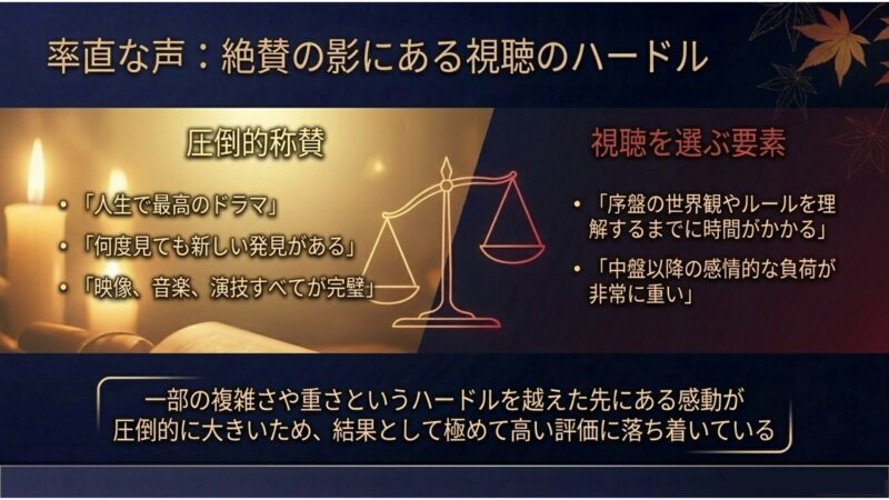 圧倒的な称賛の一方で、序盤の世界観理解や中盤以降の重さといった視聴のハードルを分析したグラフスライド