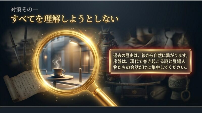 過去の歴史は後で繋がるため、序盤は現代の会話に集中することを勧めるスライド
