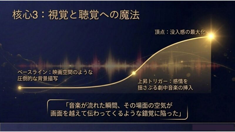 映画のような背景描写と感情を揺さぶる劇中音楽(OST)がもたらす没入感の仕組みを説明するスライド