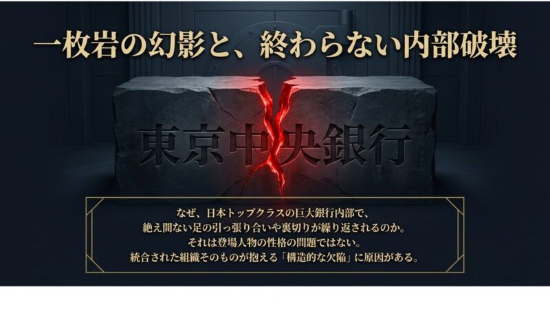 組織の構造的な欠陥と終わらない内部破壊を象徴する、亀裂が入った東京中央銀行の石碑