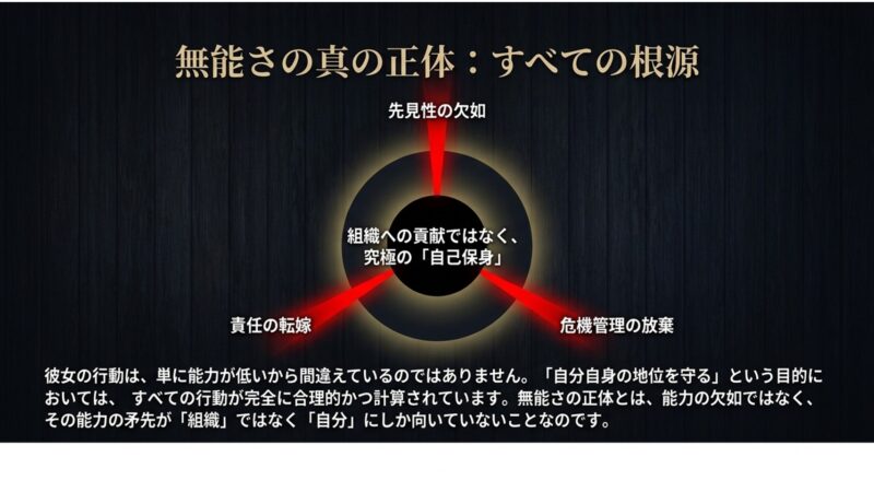 権力者の無能さの正体は能力の欠如ではなく、すべてのベクトルが組織への貢献ではなく究極の自己保身に向いていることの図解