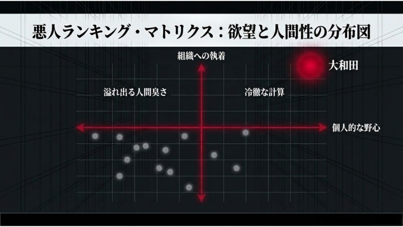 悪人ランキング・マトリクス。組織への執着や個人的な野心、溢れ出る人間臭さや冷徹な計算による分布図