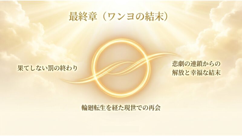 果てしない罰が終わり、輪廻転生を経て現世で再会を果たす、悲劇の連鎖からの解放と幸福な結末の要約