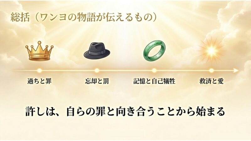 王冠と指輪を背景に、罪、罰、自己犠牲、愛、そして「許しは自らの罪と向き合うことから始まる」という物語のメッセージをまとめた総括スライド