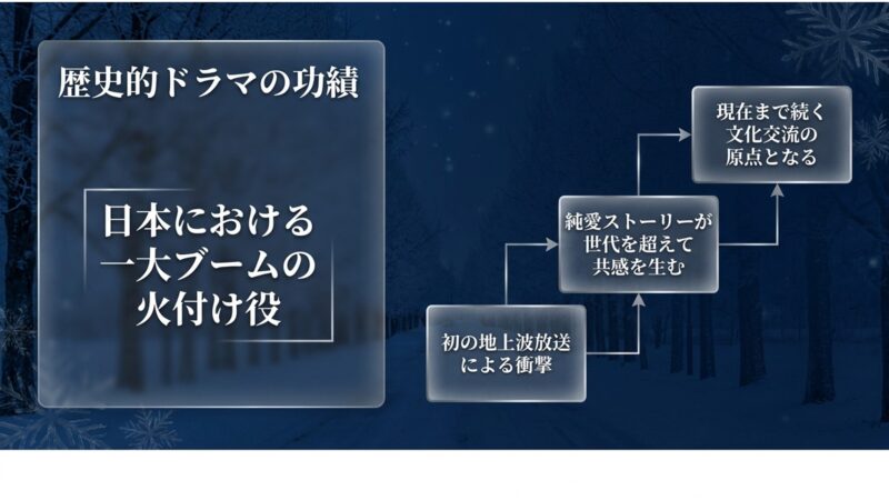 日本における一大ブームの火付け役となり、初の地上波放送による衝撃を与えた冬のソナタの歴史的功績をまとめたスライド