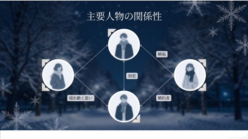 チュンサン、ユジン、サンヒョク、チェリンの4人の間で揺れ動く思いや初恋、嫉妬、婚約者といった主要人物の関係性を示す相関図